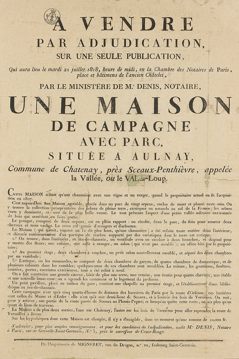 L'affiche de la vente de la Vallée-aux-Loups